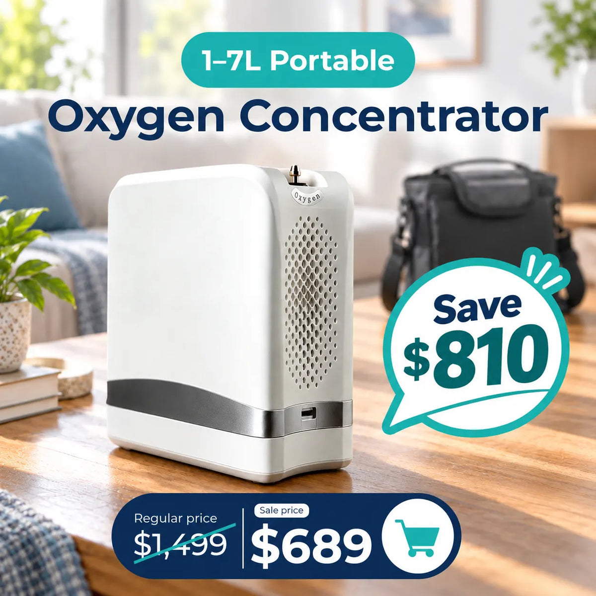 1–7L Portable Oxygen Concentrator | Pulse Flow | Up to 10-Hour Battery | 90% O₂ Purity