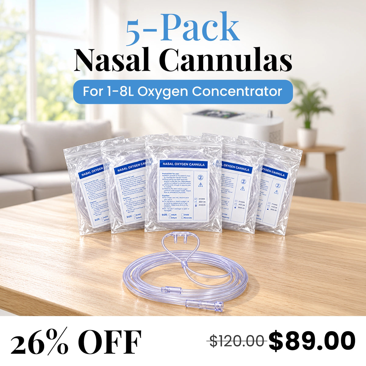 5-Pack Nasal Cannula for 1–8L Portable Oxygen Concentrator