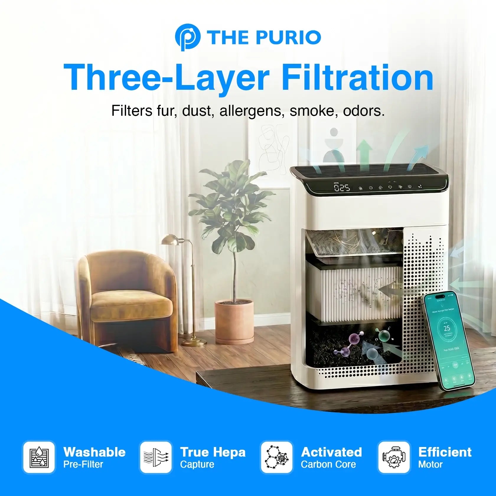 Thepurio WiFi Air Purifier for Large Rooms, HEPA, Alexa, PM2.5, 23dB