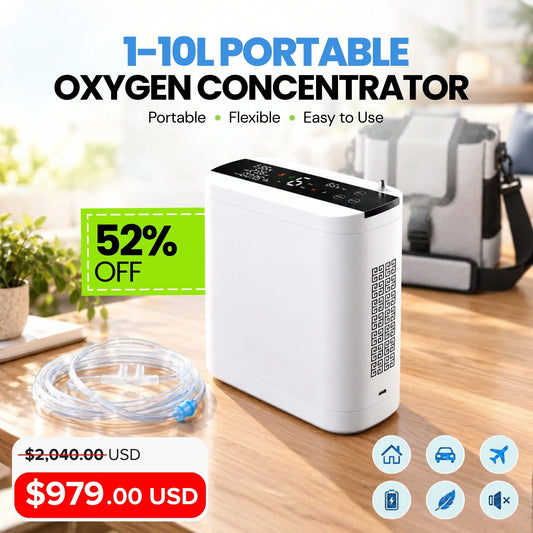 1–10L Portable Oxygen Concentrator | Pulse + Fixed-Frequency + Continuous Flow | 90% ±6% Purity | Up to 24-Hour Battery