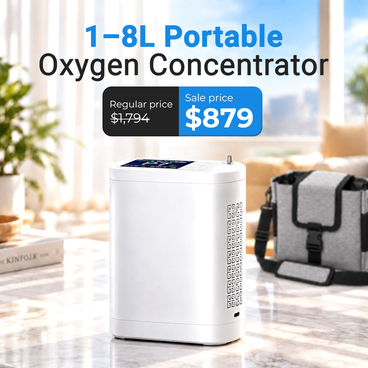 1–8L Portable Oxygen Concentrator for Home & Travel | Pulse + Constant + Continuous Flow | ≥90% O₂ Purity | Up to 24-Hours Battery Life