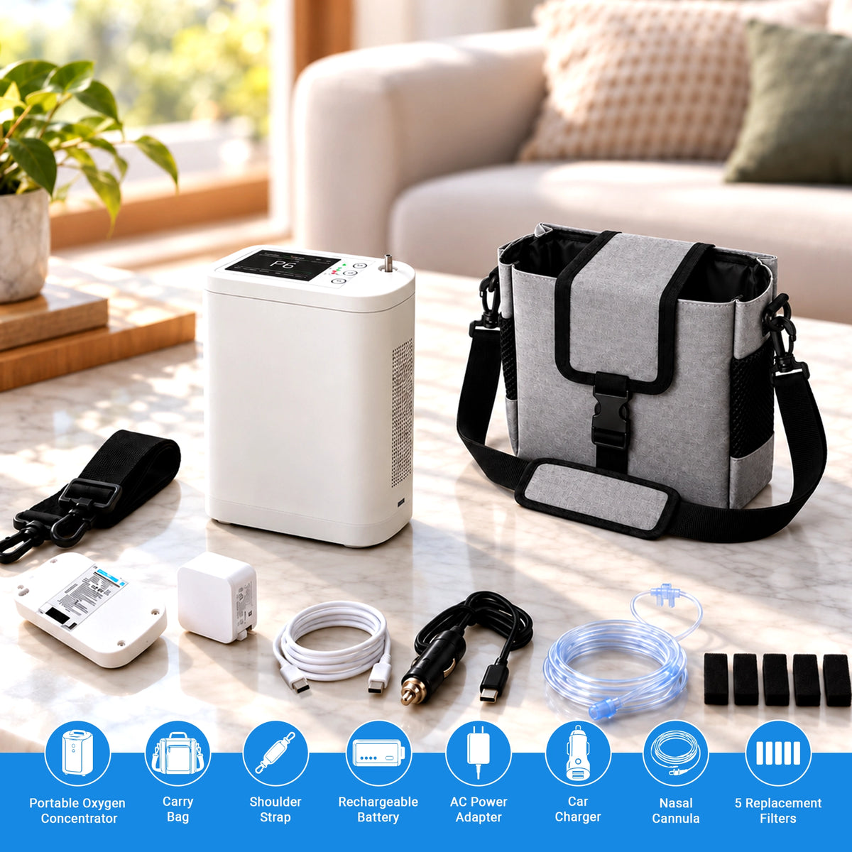 1–8L Portable Oxygen Concentrator for Home & Travel | Pulse + Constant + Continuous Flow | ≥90% O₂ Purity | Up to 24-Hours Battery Life
