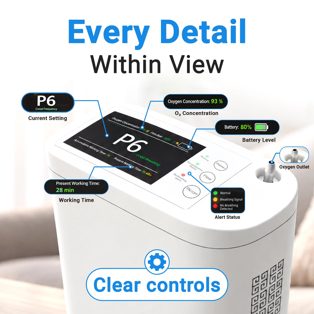 1–8L Portable Oxygen Concentrator for Home & Travel | Pulse + Constant + Continuous Flow | ≥90% O₂ Purity | Up to 24-Hours Battery Life